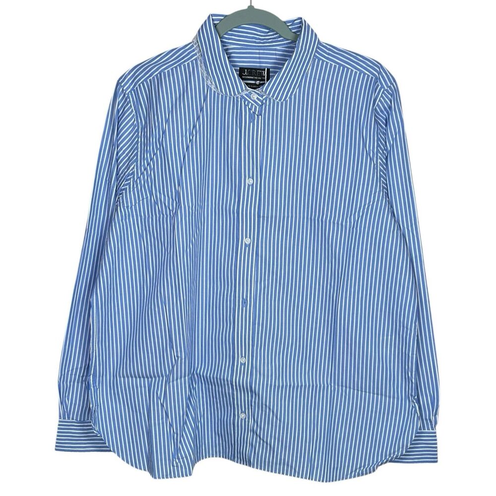 J Crew Jules Button Up Shirt Womens 16 White Blue Striped Club Collar Work CN500